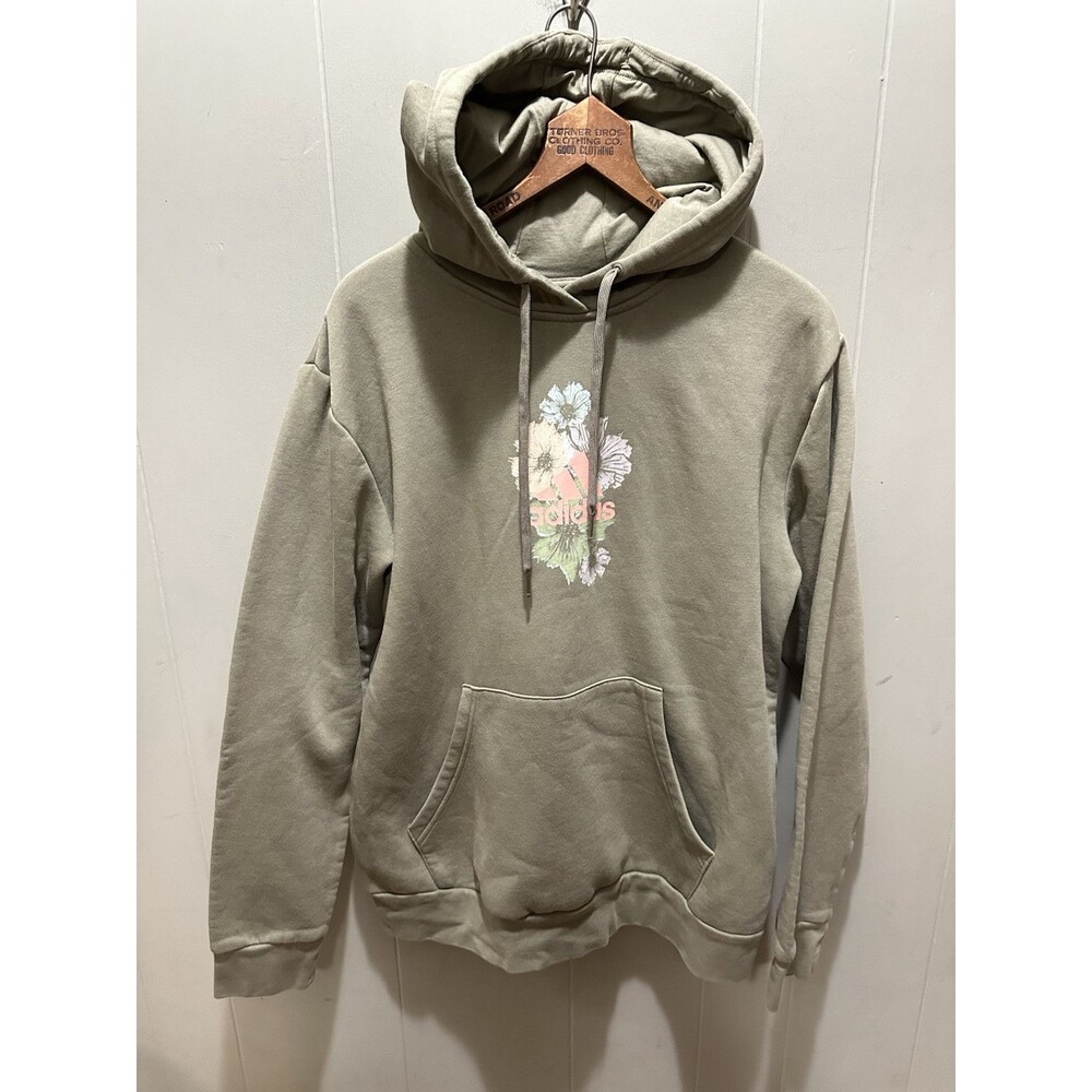 Adidas Sweater Women X-Large Green Olive Hooded Pullover Fleece Floral Gym EUC
